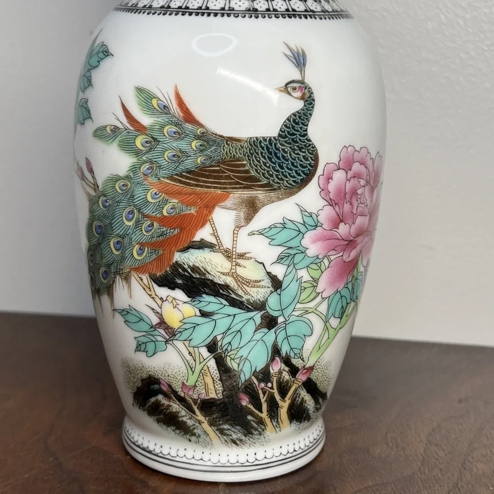 Vintage Jingdezhen Porcelain Vase Peacock Peony Flower Poem Export 8